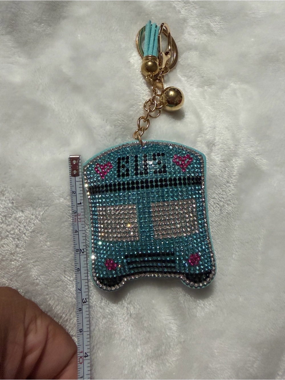 Plushy Rhinestone Turquoise Bus Key Charm